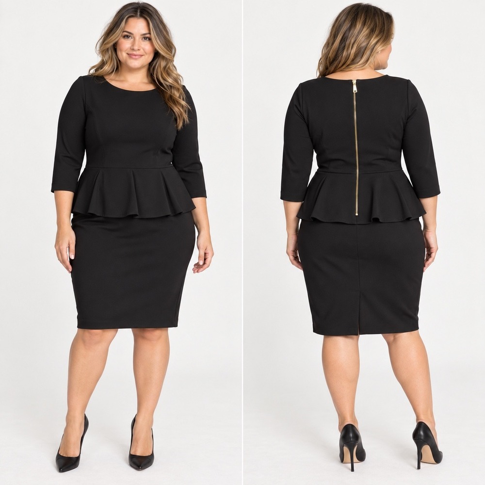 Calvin Klein Black Peplum 3/4 Sleeve Sheath Dress CD1C1K83 Size 14